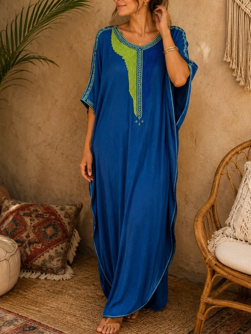 V I N T A G E:: Morrocan Blue Green Embroidered Kaftan Maxi Dress
